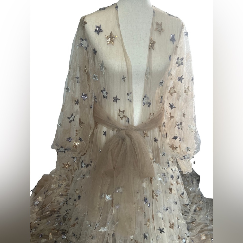 Beautiful Tan Sequin Stars Tulle Maternity Robe or any Occasion Photoshoot - Picture 7 of 10
